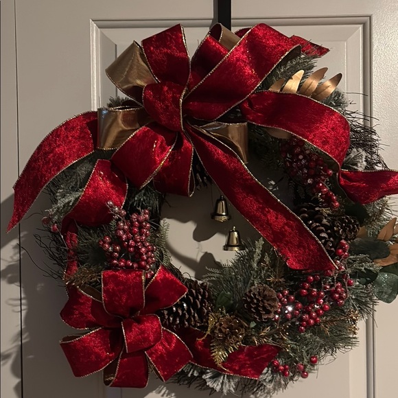 WREATH Holiday Winter Red Velvet Bow Wreath Stunning w Pine & Berries Final Sale